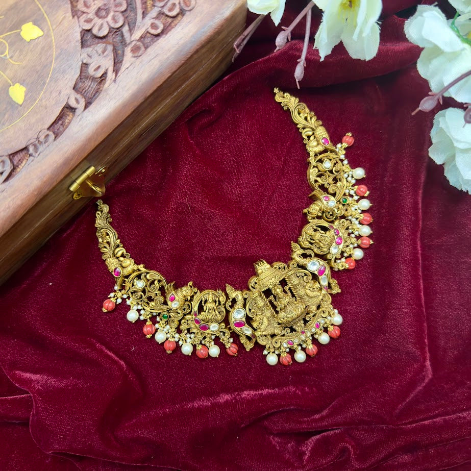 Coral Drop Temple Design Short Necklace