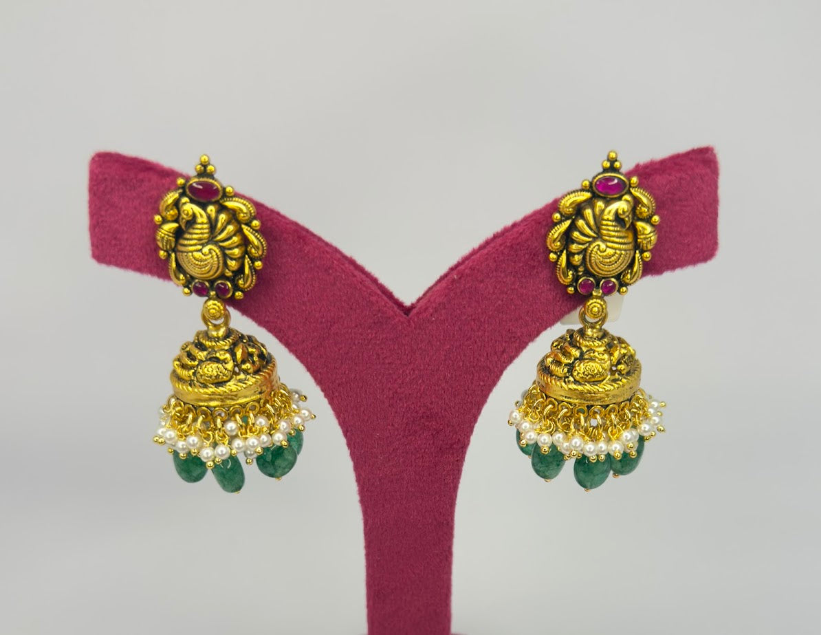 Temple Design Jhumka with Green Drops