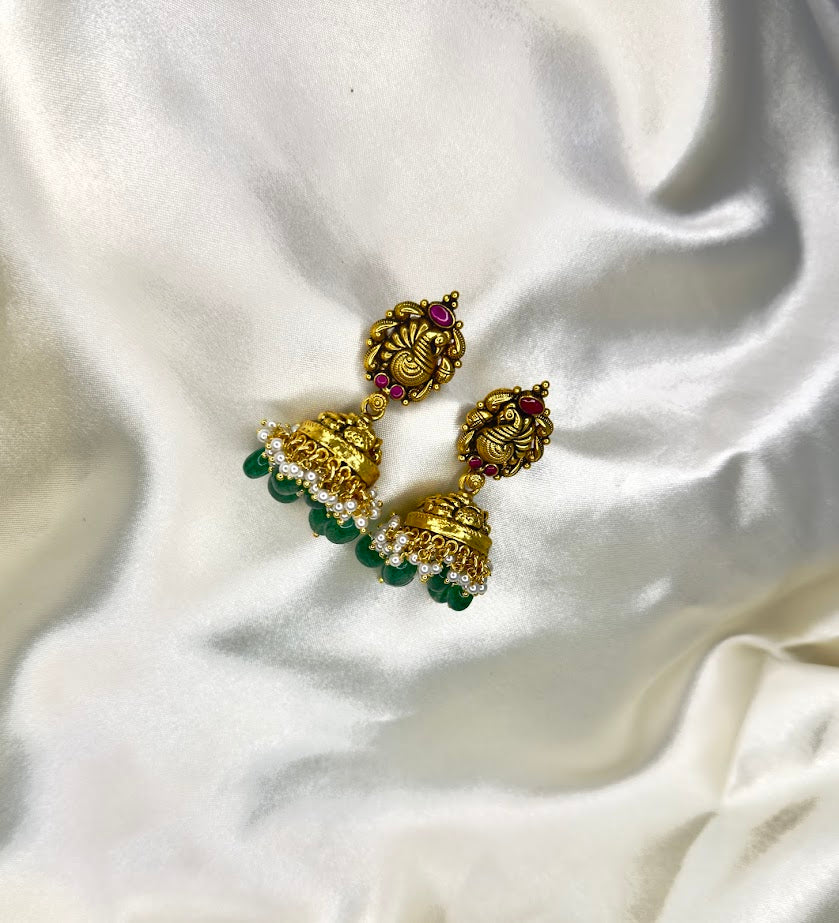 Temple Design Jhumka with Green Drops
