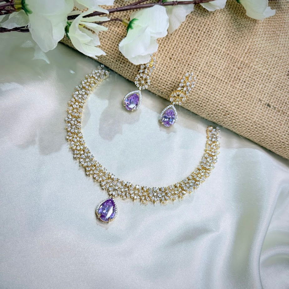 Shinning Lavender Drop Short Necklace Set