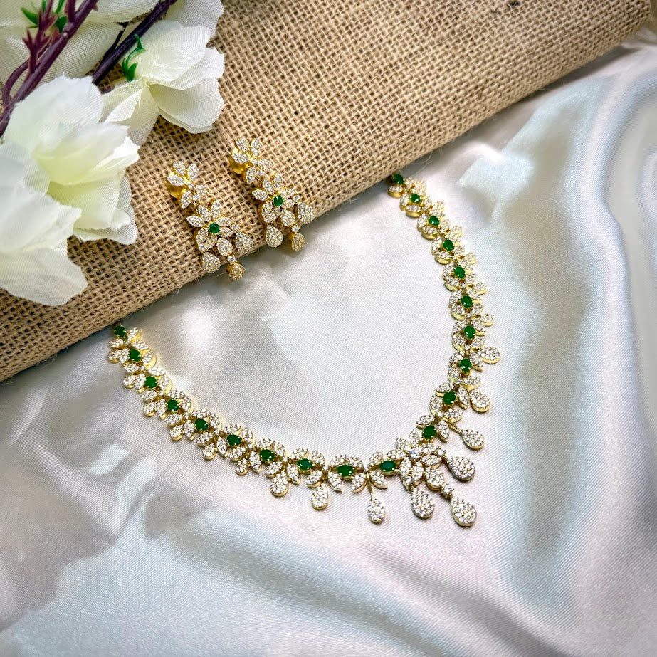 Pushpa Green Stone Diamond Design Necklace Set