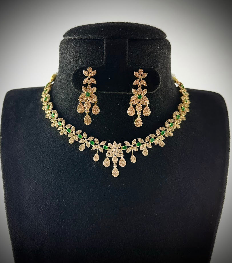 Pushpa Green Stone Diamond Design Necklace Set
