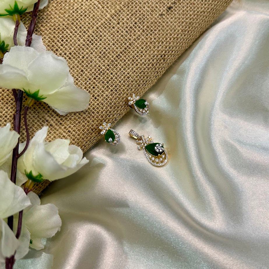Simple Diamond Design Pendant set- Green