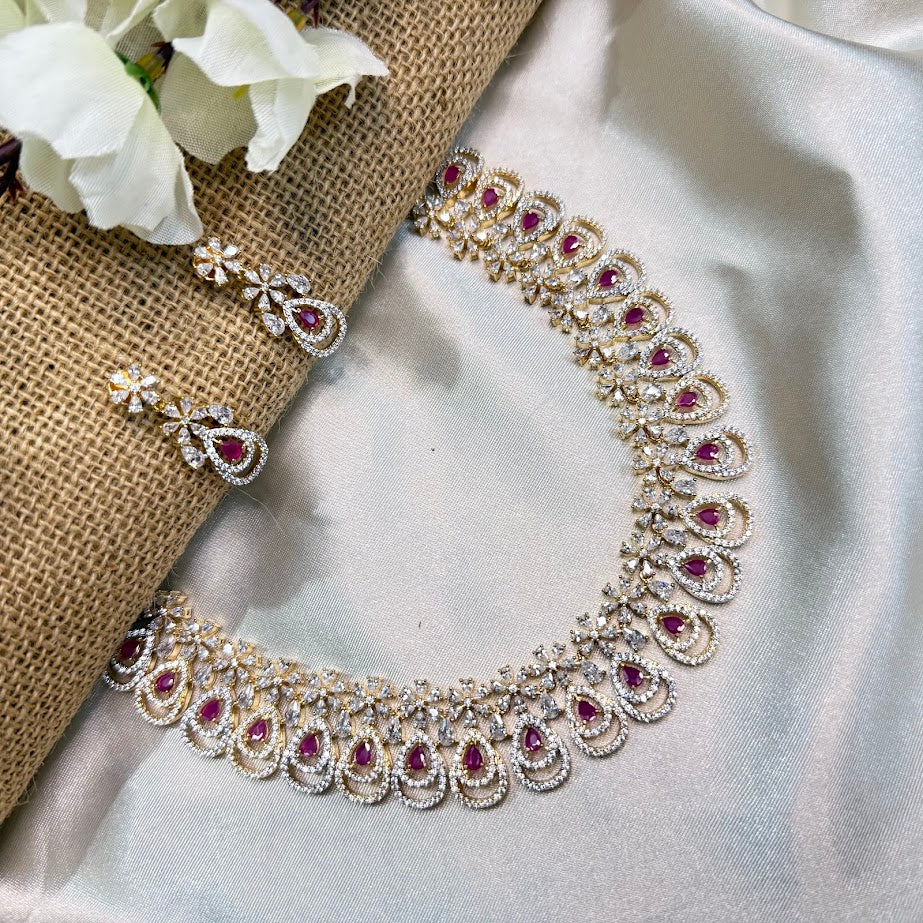 Ruby stone floral Drop Diamond Necklace